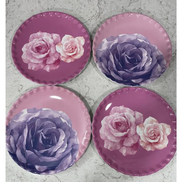 Set 4 Jolie Fleur Roses 9” Plates Melamine Pink Purple Valentine's Shabby Chic - Picture 1 of 8